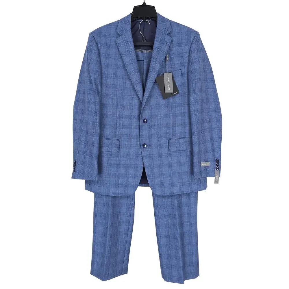 Michael Kors Mens Classic Fit 2 Piece Suit 42R 34x32 Blue Plaid Stretch Wool NWT
